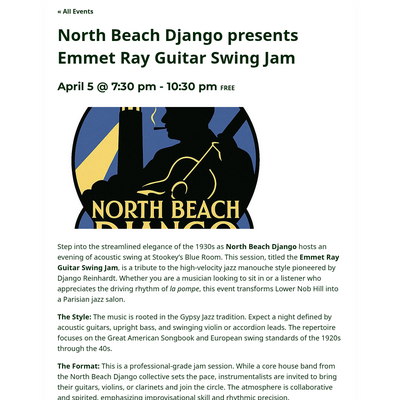 North Beach Django presents Emmet Ray Guitar Swing Jam